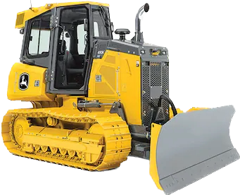 A yellow bulldozer with a gray plow on a white background.