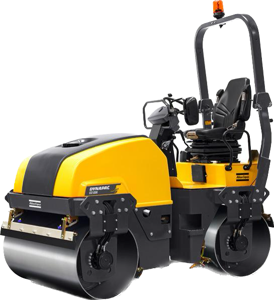 A yellow and black road roller on a white background