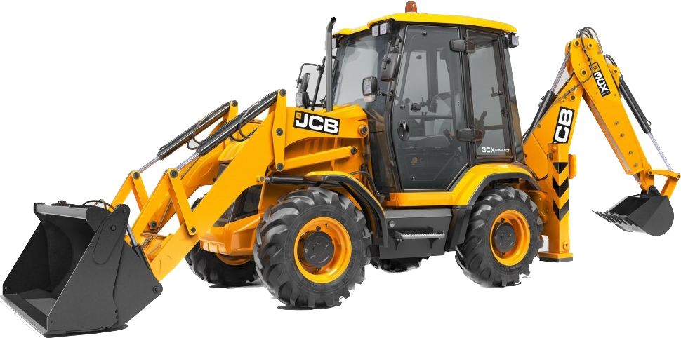 A yellow and black jcb backhoe loader with a large bucket on a white background.