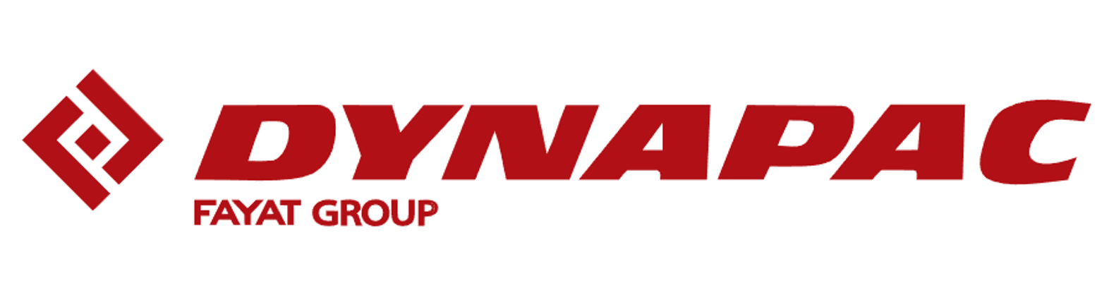A red and white logo for dynapac fayat group