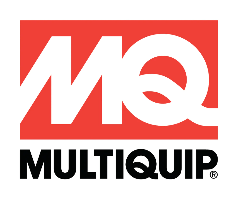A red and white mq multiquip logo on a white background