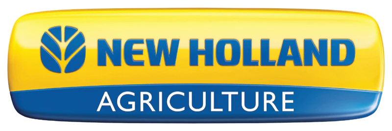 The new holland agriculture logo is yellow and blue