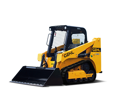 A Gehl skid steer loader with a bucket on a white background.