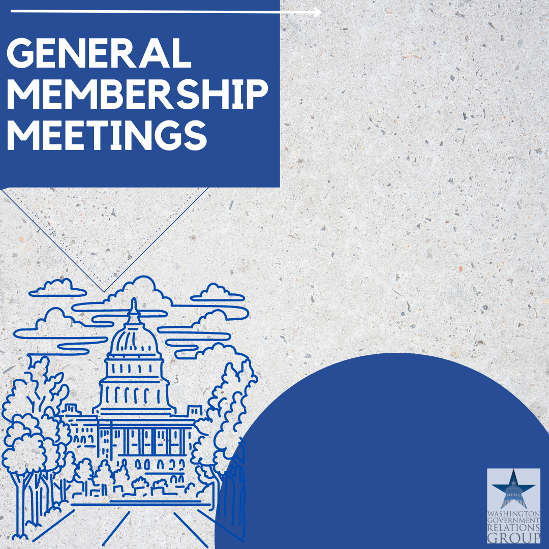 A poster for general membership meetings with a picture of the capitol building