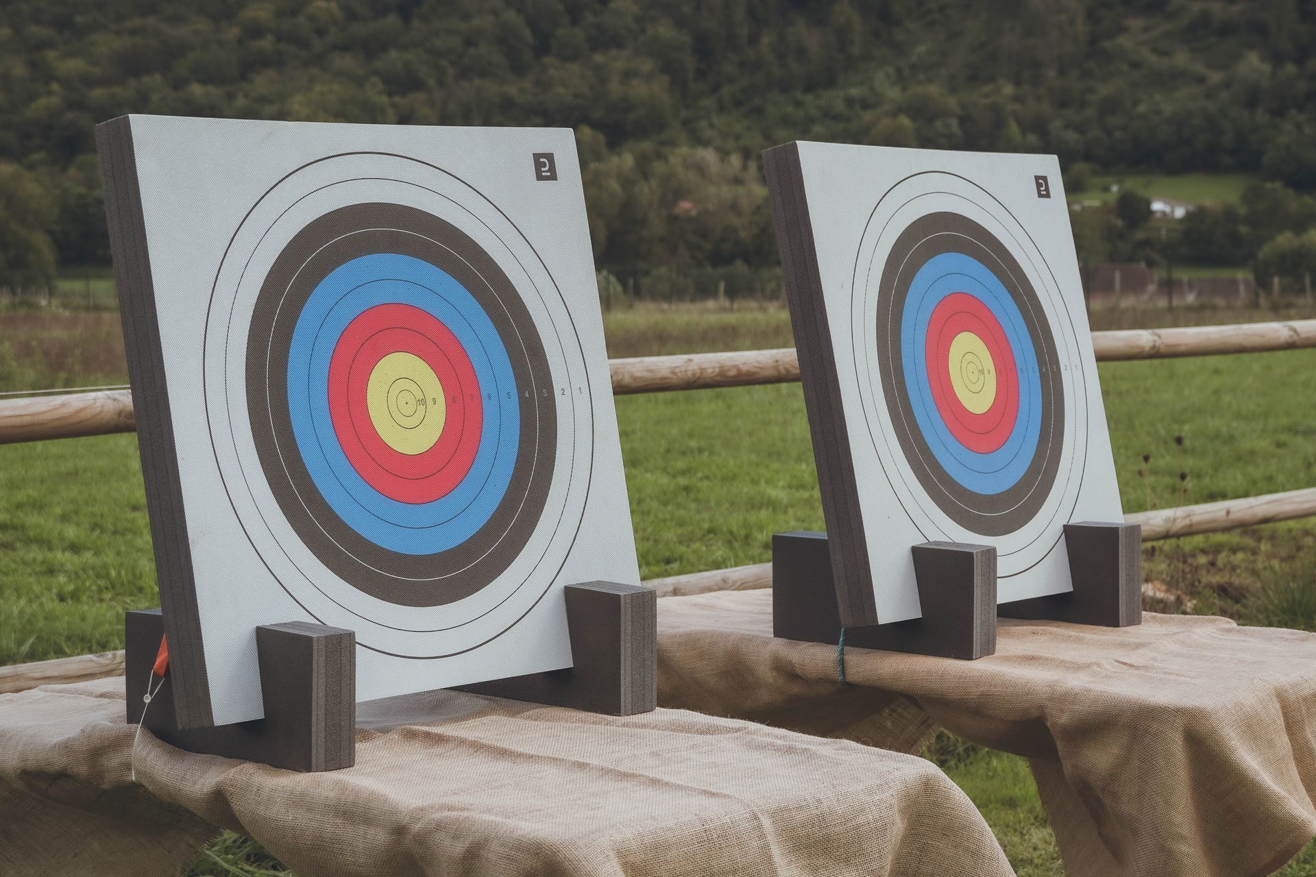 Deux cibles de tir à l'arc sont posées sur une table dans un champ.