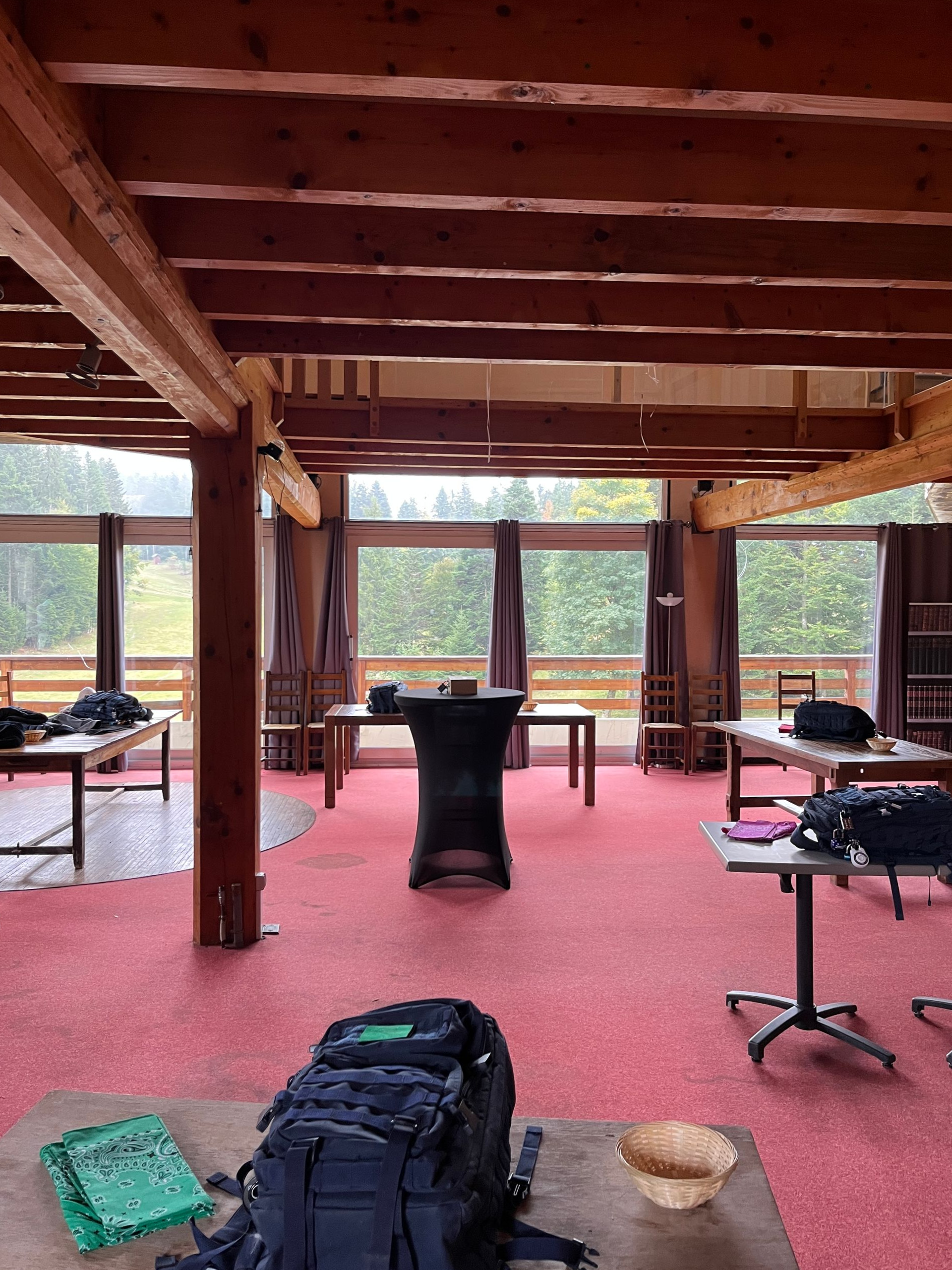 Espace intérieur avec tables et chaises ; de grandes fenêtres donnent sur la forêt. Tapis rouge, poutres en bois.