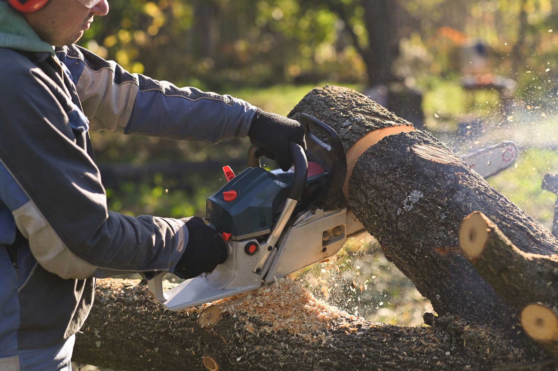 Person using a chainsaw to cut a log outdoors, wood chips flying.