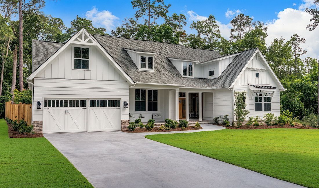 Beautiful modern house surrounded by gorgeous landscaping and concrete driveway.