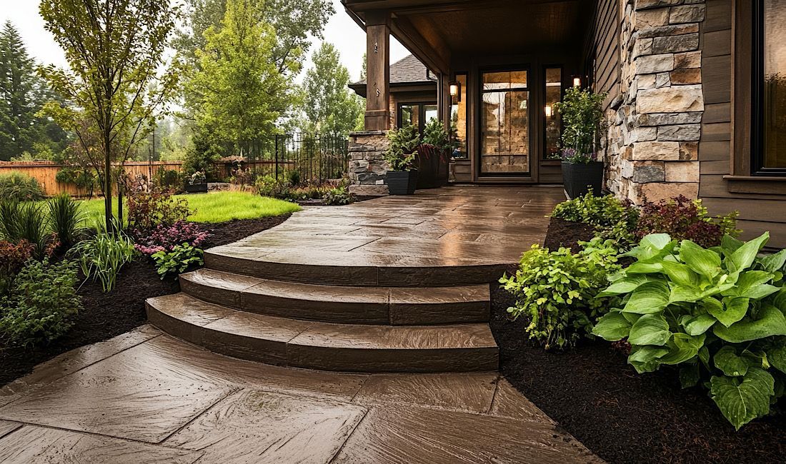 Beautiful stamped concrete patio with wood grain detail. Gorgeous landscape around stamped concrete stairs and patio.