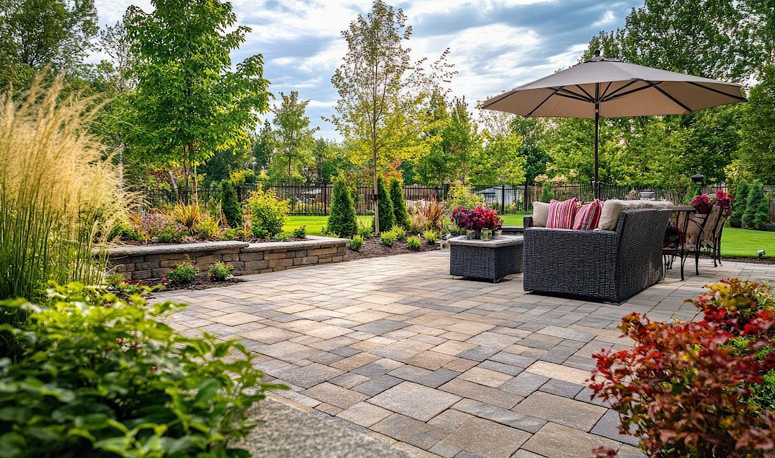 Backyard patio suitable for busy professionals, low-maintenance concrete patio.