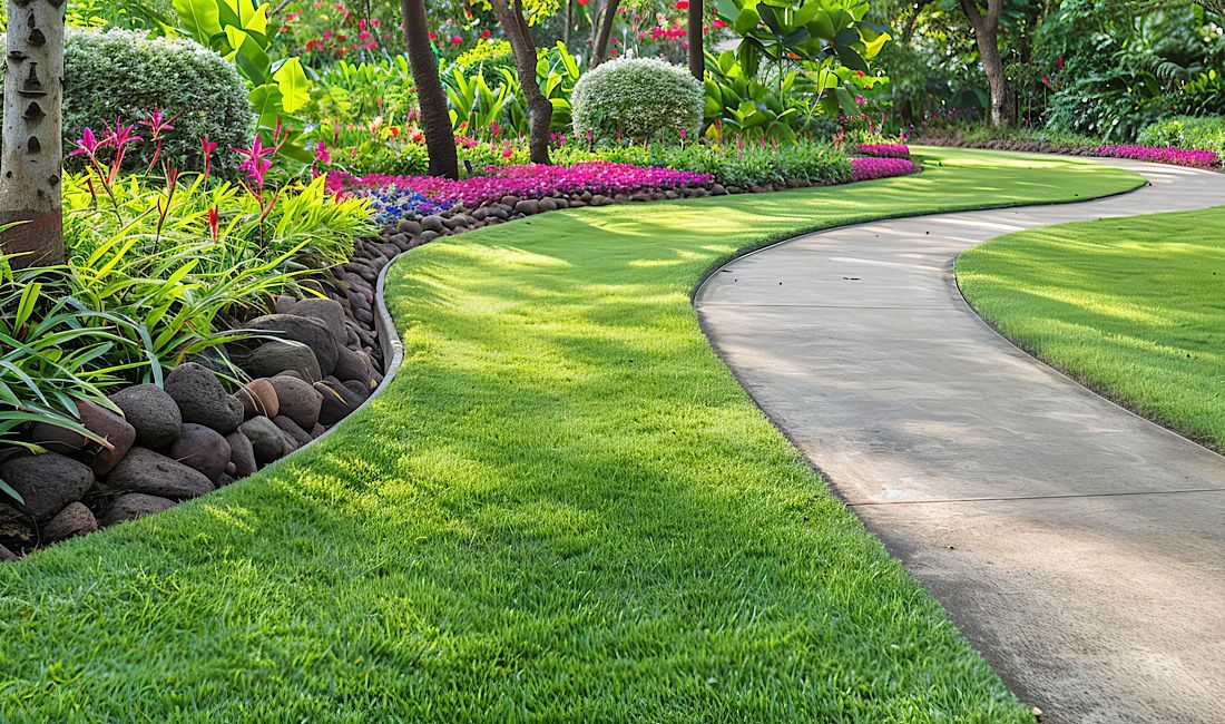 Concrete walkway with enhanced with beautiful landscaping.