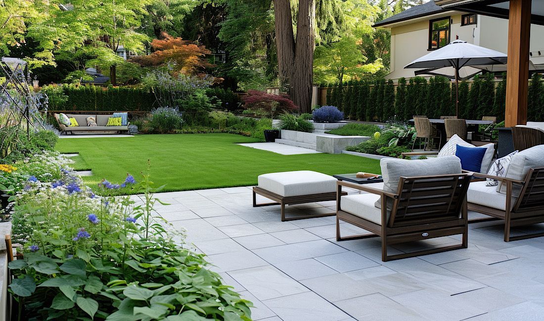 Beautiful low-maintenance backyard patio with low-maintenance landscaping.