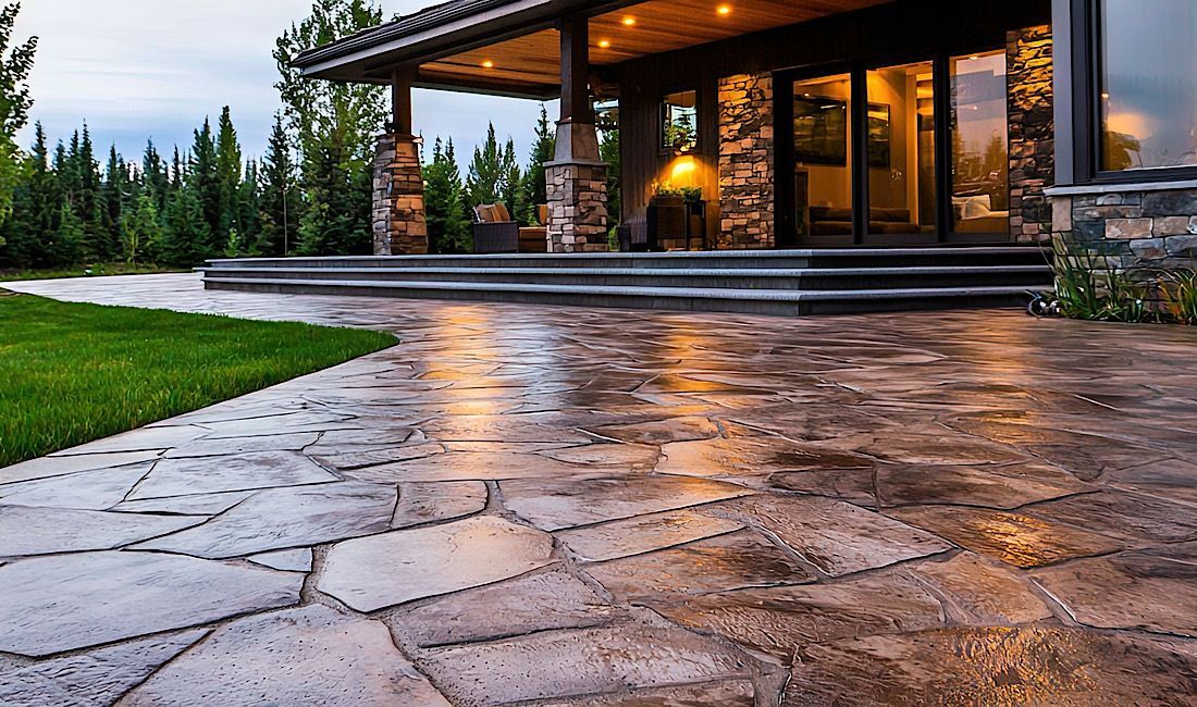 Elegant stamped concrete walkway leading up to house in Denver, CO.