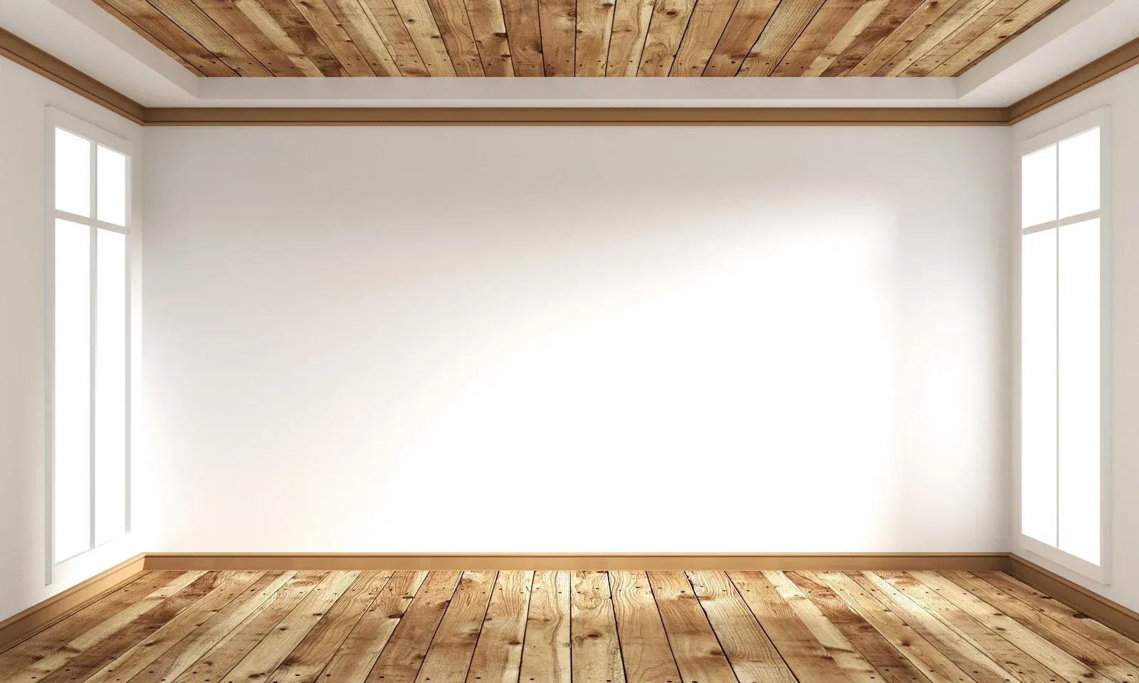Empty room with wood ceiling, floor, and trim. White walls and two windows.
