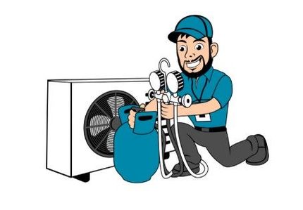 HVAC technician kneeling beside an outdoor air conditioner, using gauges and a refrigerant tank.