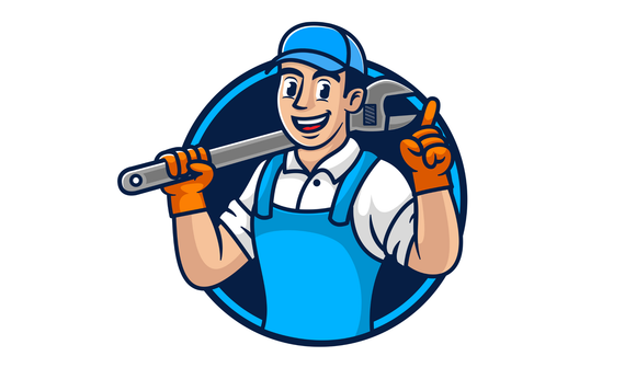 Smiling plumber with wrench, pointing up, in a blue and white circle.