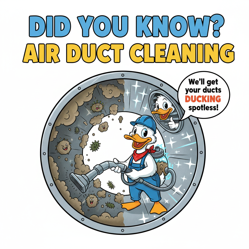 Cartoon Donald Duck cleaning an air duct, comparing a dirty side with a clean side; text: 
