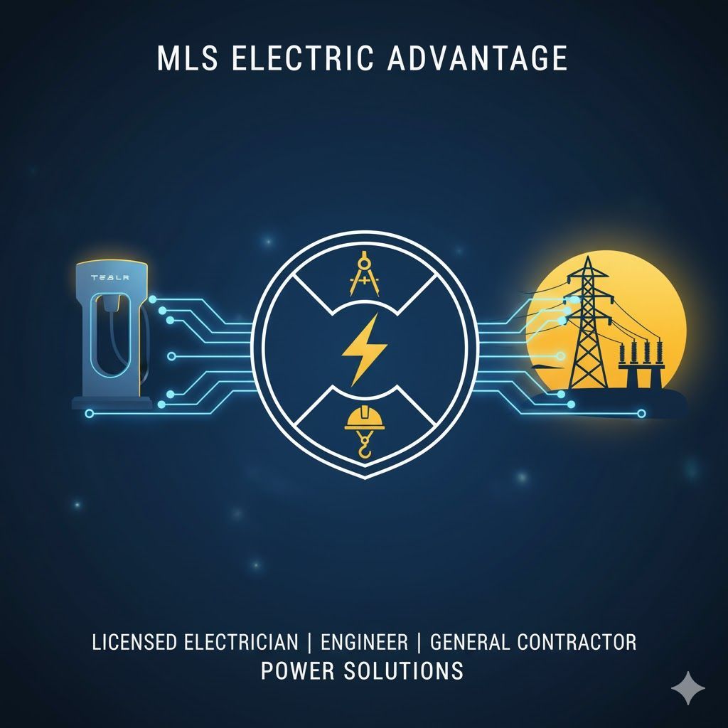 MLS Electric Advantage graphic with an EV charger, power lines, and electrical symbols.
