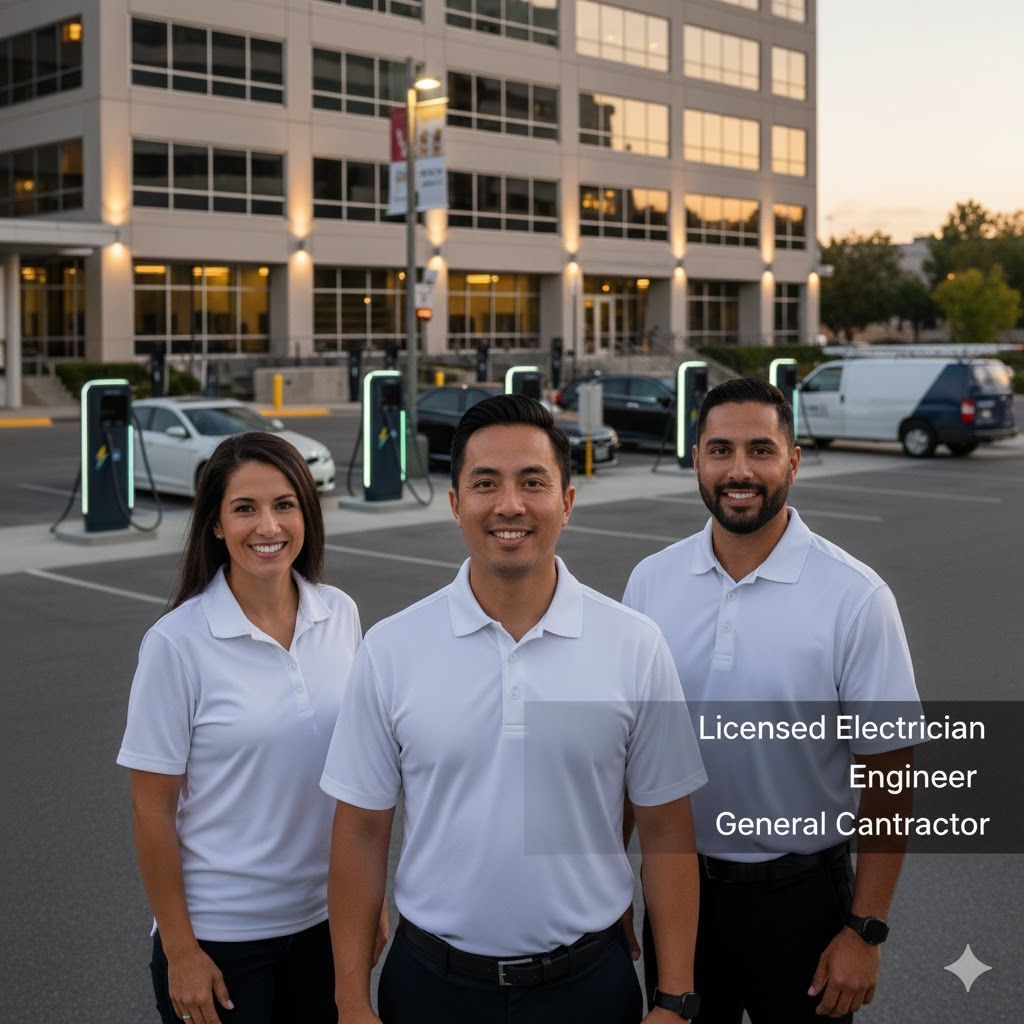 Three people in white polo shirts stand in front of electric vehicle charging stations and a building.