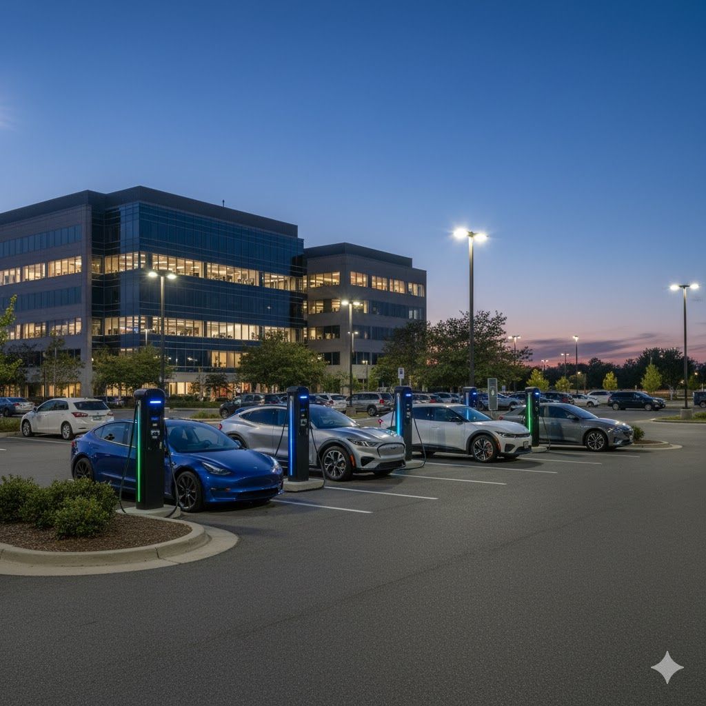 Electric vehicles charging at an office building parking lot under dusk sky.