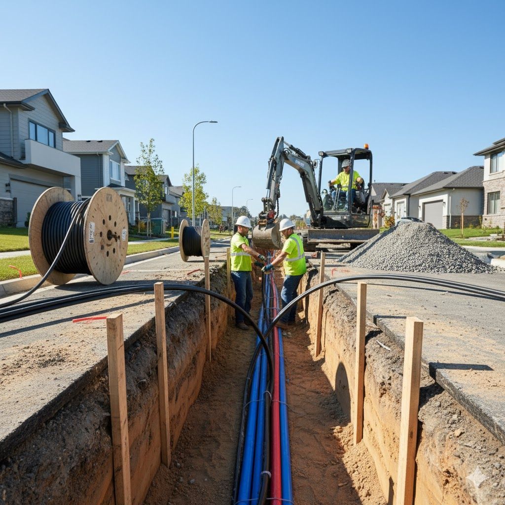 Construction workers installing underground cables in a trench in a residential area.