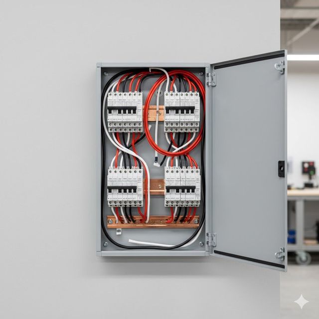 Open electrical panel on a wall showing circuit breakers, wires, and busbars.
