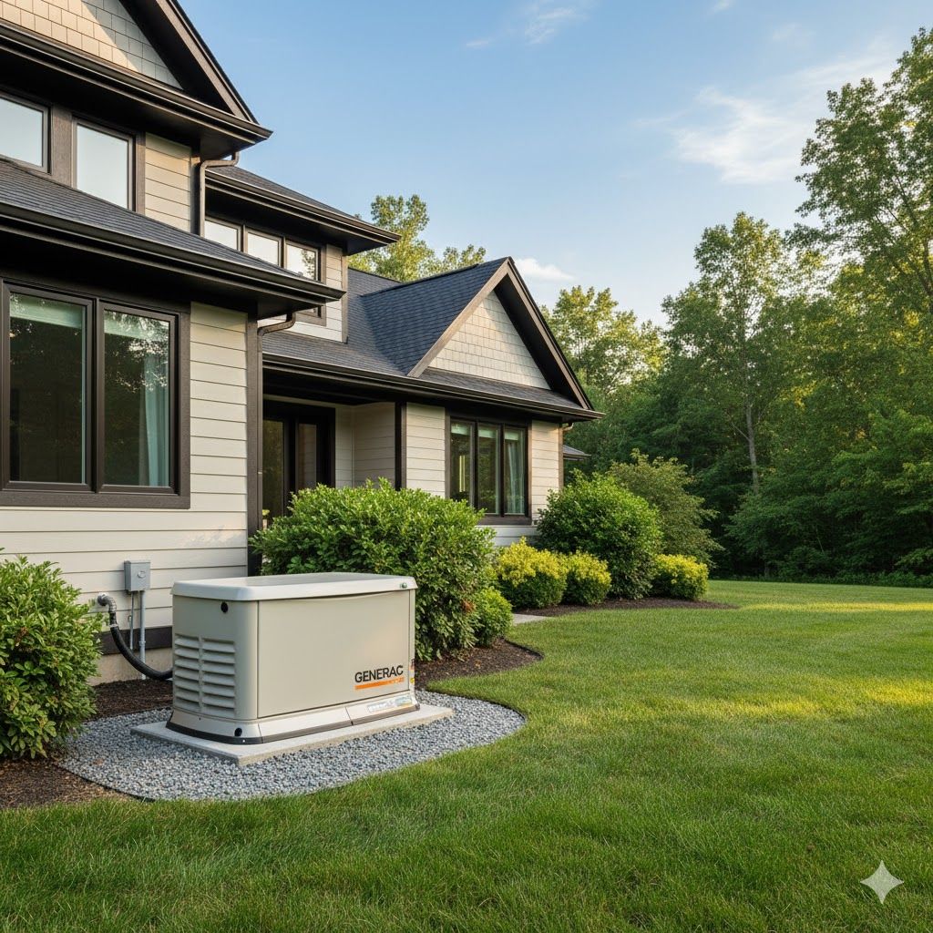 A standby generator next to a house on a well-manicured lawn, providing backup power.