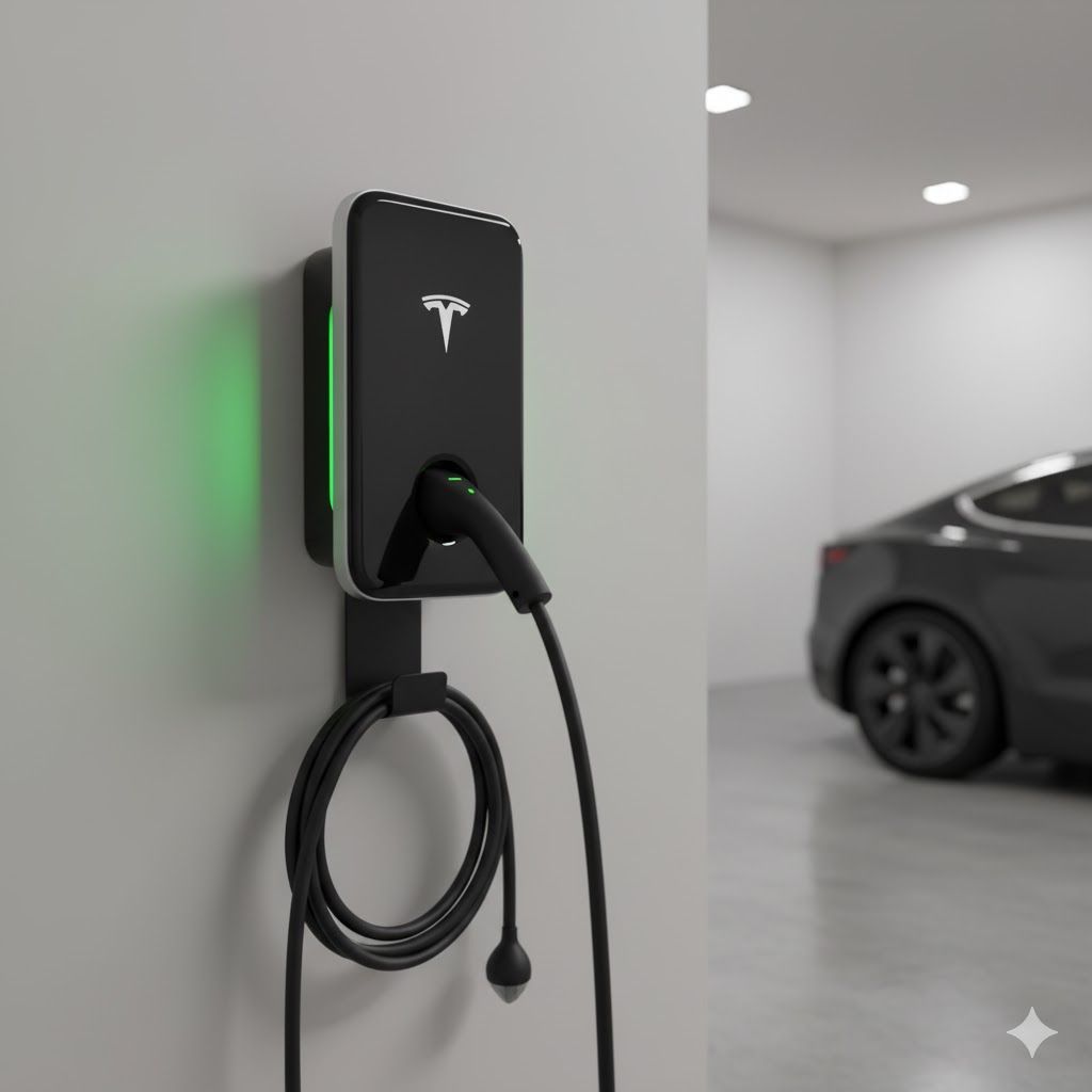 Tesla wall charger with green light and charging cable, mounted in a garage with a Tesla car.