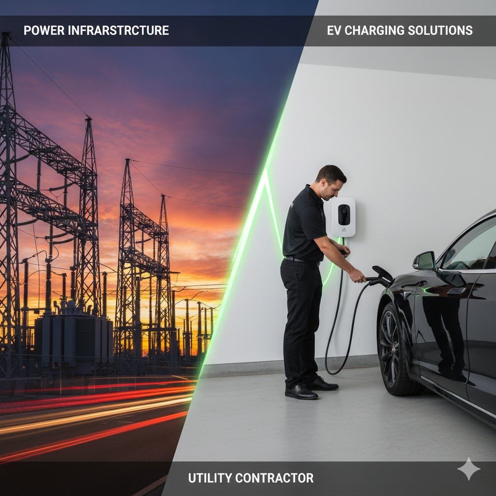 A utility contractor image featuring power infrastructure and an EV charging solution. A person charges an EV in a garage.