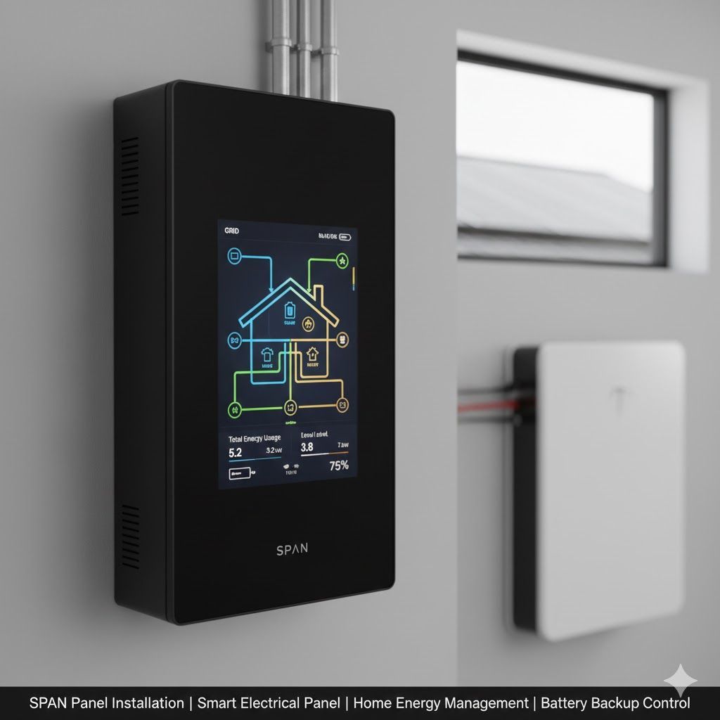 Smart electrical panel with a screen displaying a home energy management system; white battery backup unit.