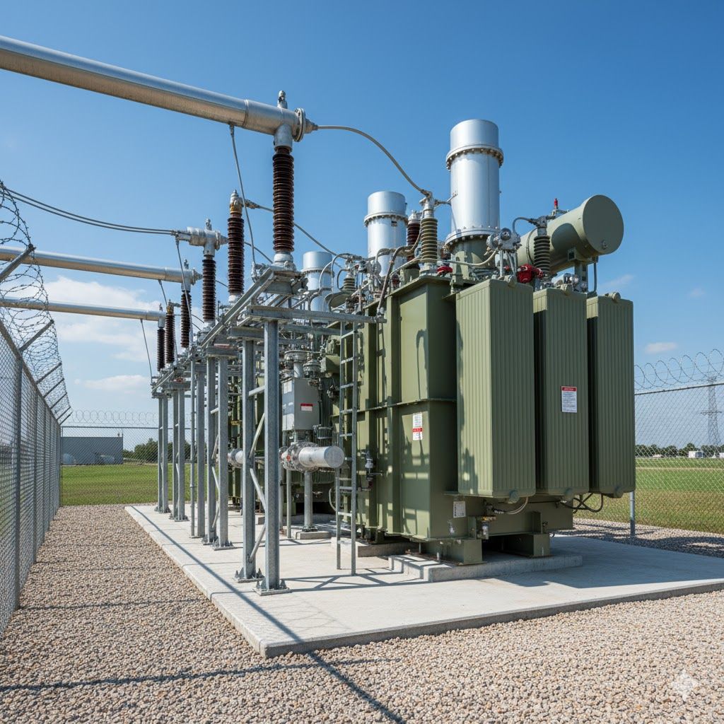 Olive green electrical transformer in a substation, surrounded by equipment and a chain link fence.