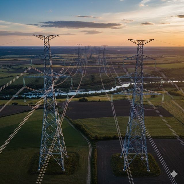 Power lines and towers spanning across fields and a river at sunset.