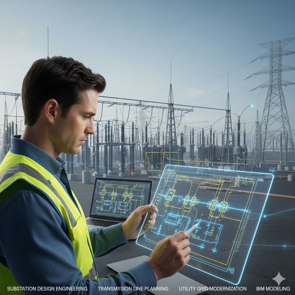 Engineer examines a holographic schematic in front of a power substation.