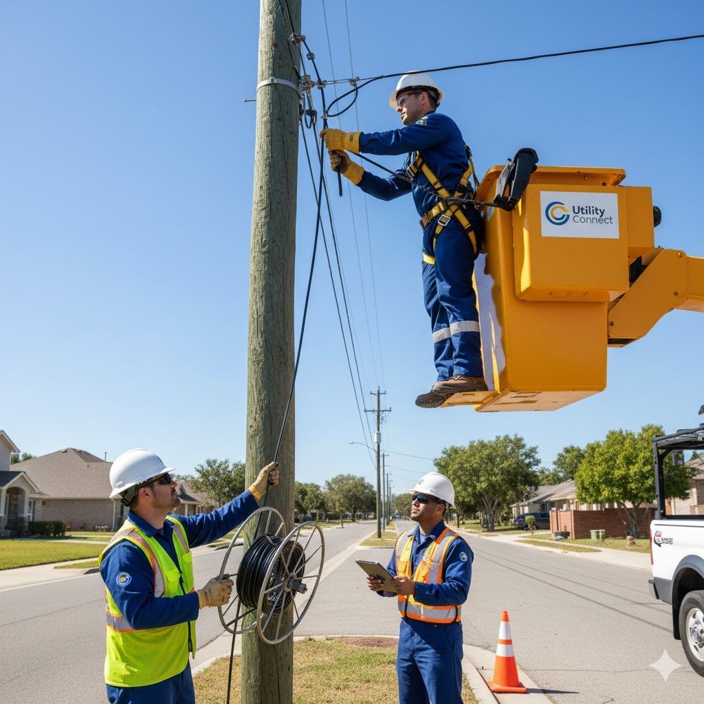 Utility workers on a pole, one in a lift, others on the ground. Sunny day, residential street.