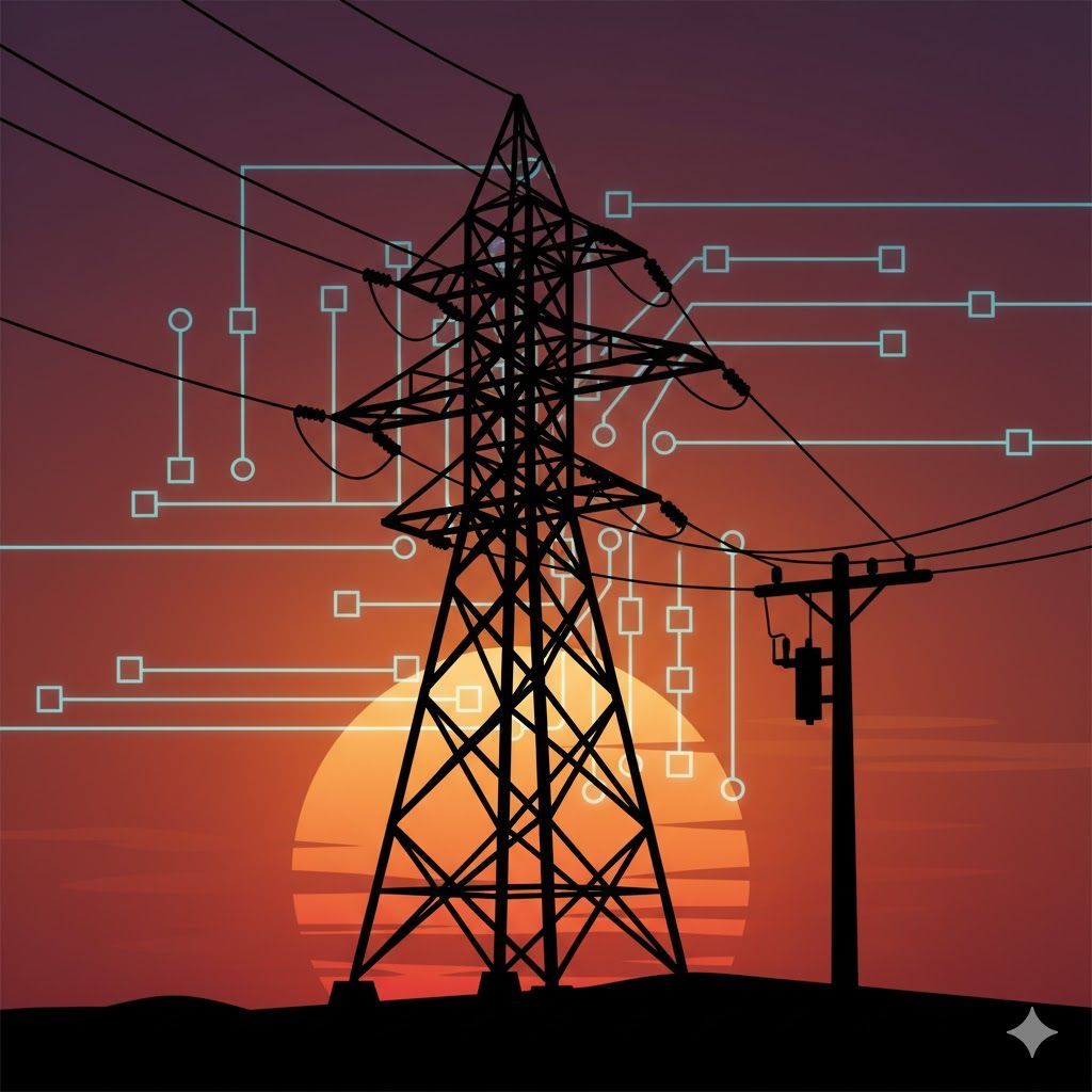 Silhouette of power lines and transmission tower against a sunset; a circuit board design overlays the background.
