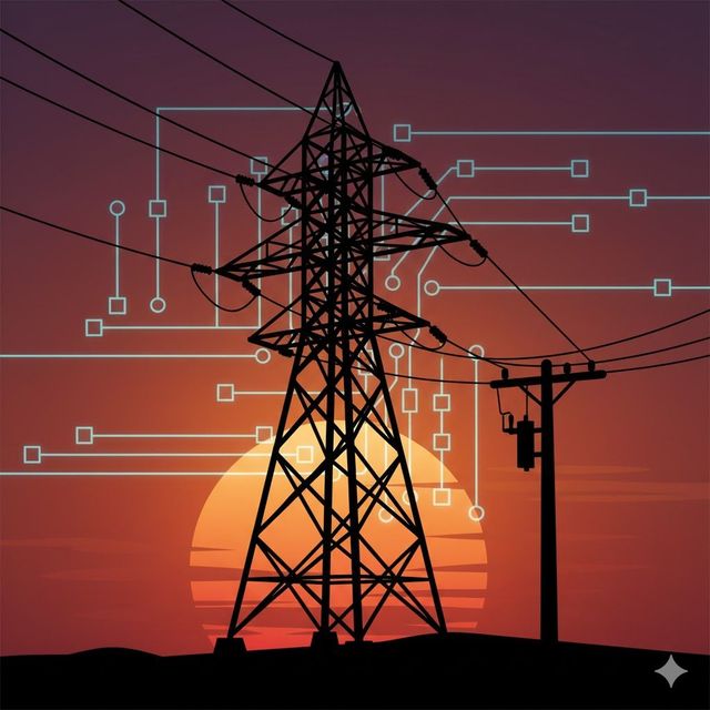 Silhouette of power lines and transmission tower against a sunset; a circuit board design overlays the background.