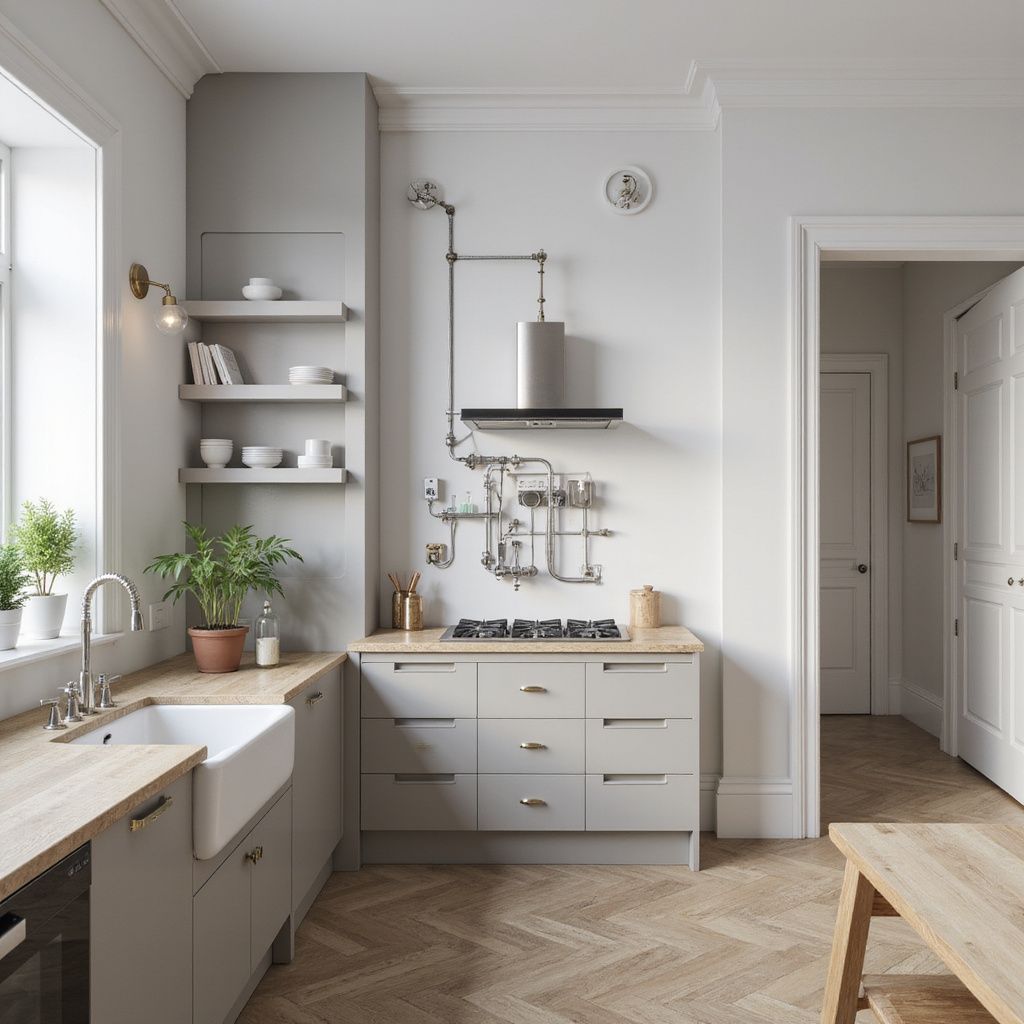 A small, light gray kitchen with wood countertops and a white farmhouse sink.