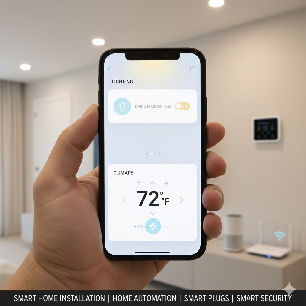 Hand holding a phone displaying a smart thermostat app, setting temperature to 72°F in a modern living room.