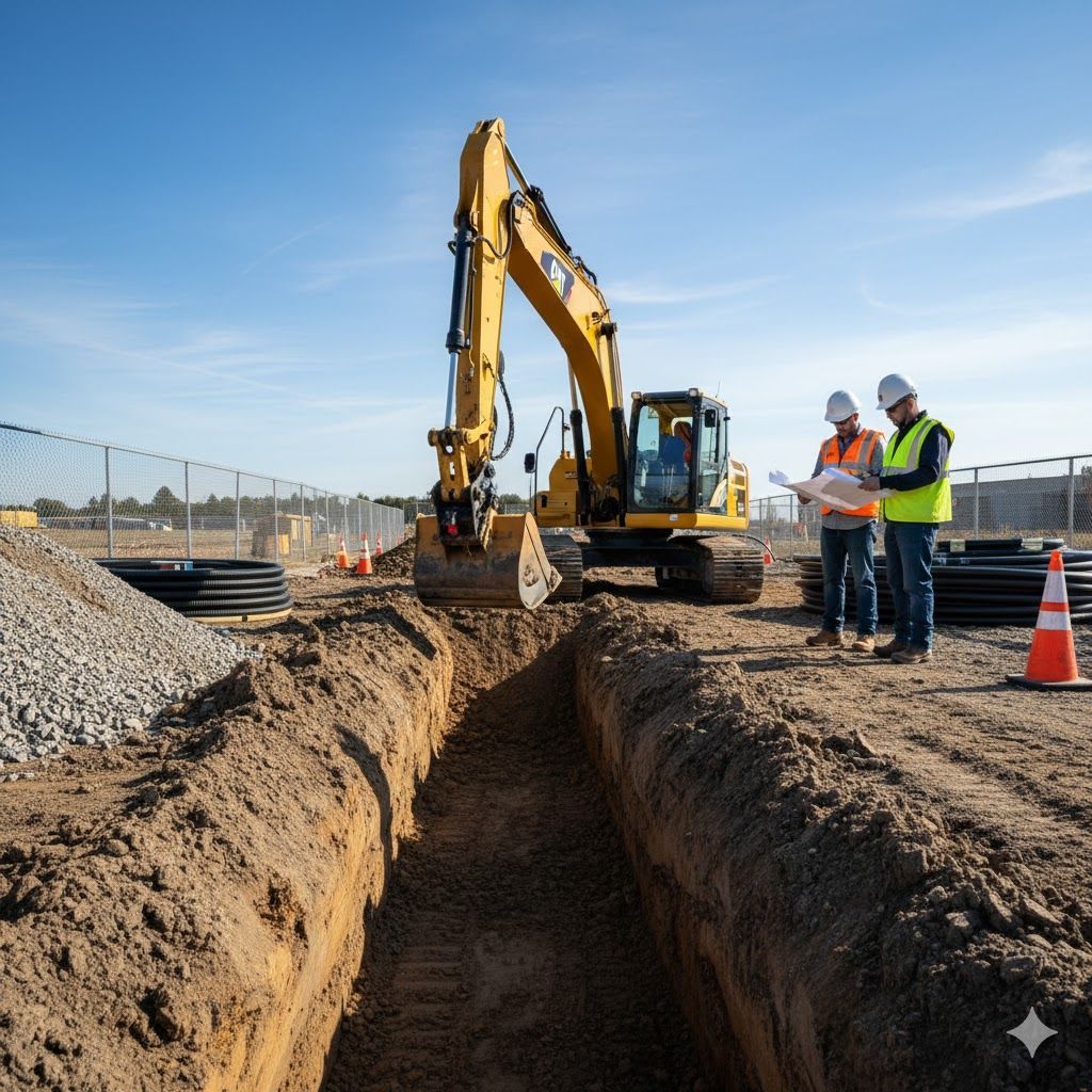 Excavator digging a trench on a construction site; workers in safety vests and helmets review plans.