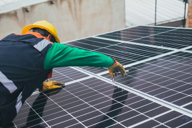 Person in workwear installs solar panels on a roof, wearing a hard hat and gloves.