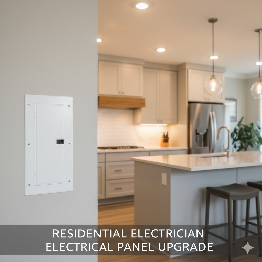 White electrical panel on a wall in a kitchen, promoting residential electrical upgrades.