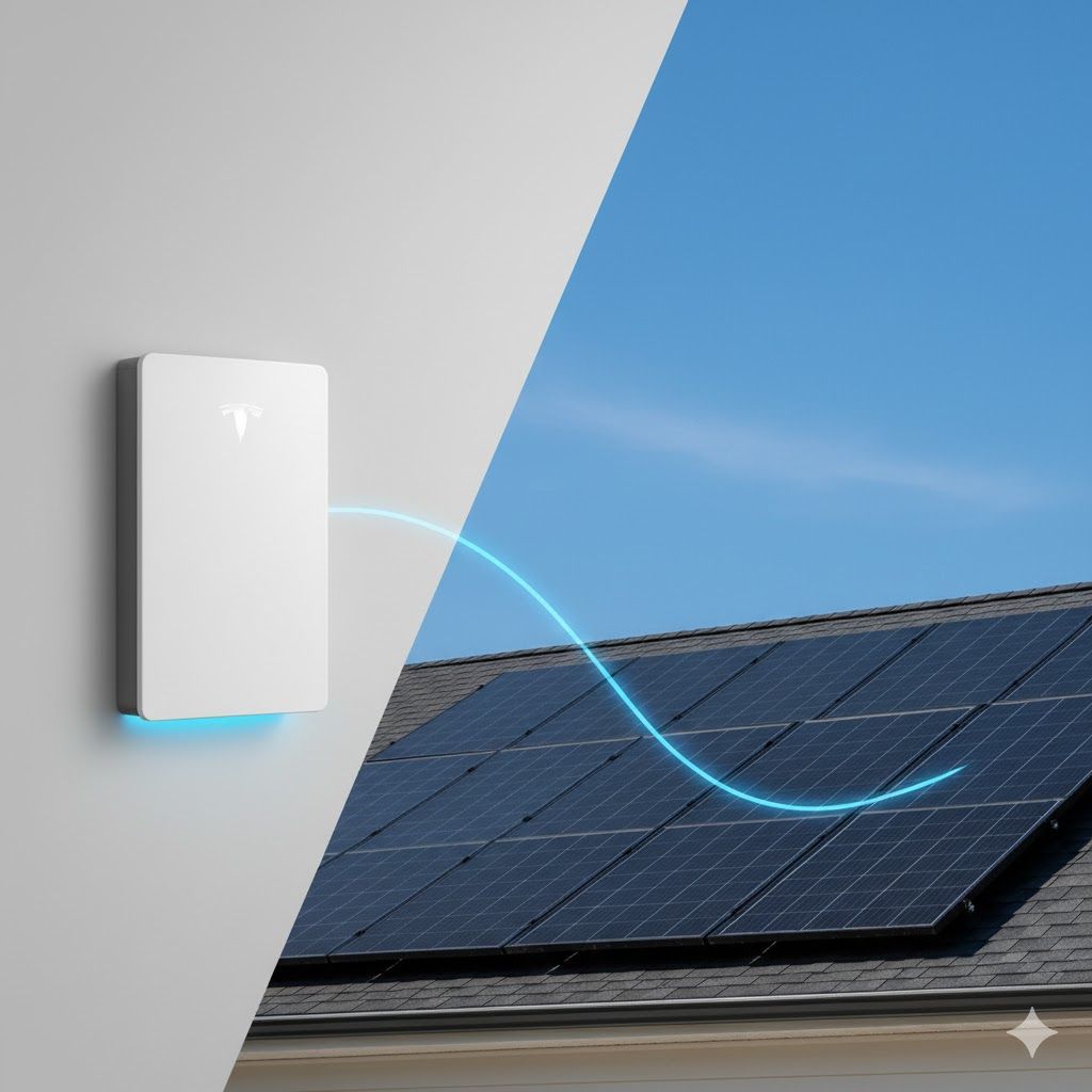 White home battery connected to solar panels on a roof with a blue energy wave against a sunny sky.