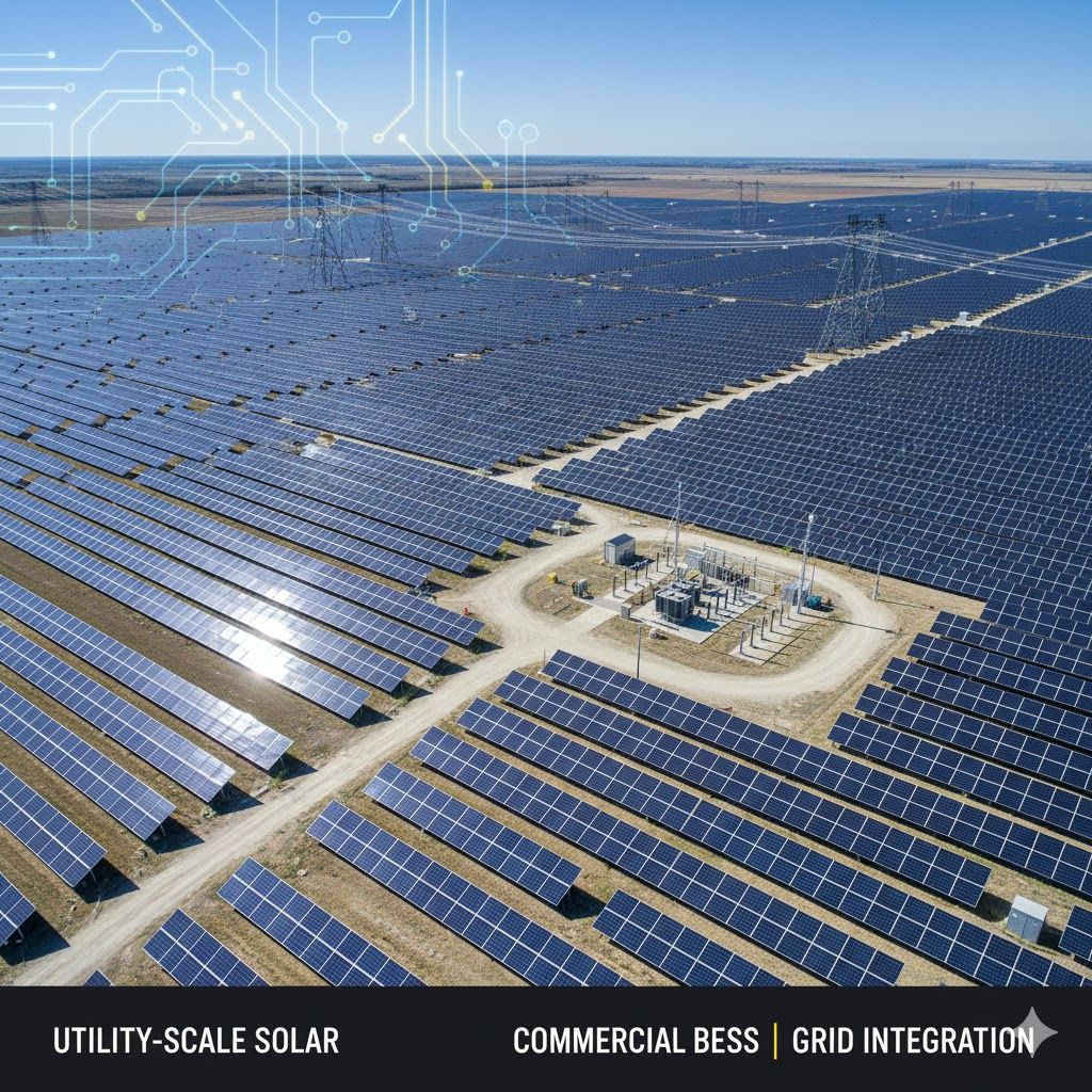 Vast solar panel field under a blue sky, with central power station and digital grid overlay.