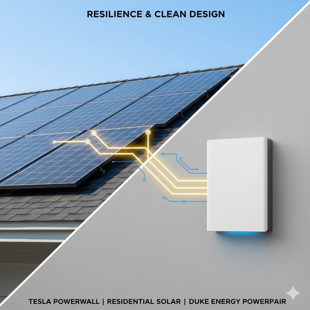 Solar panels on a roof connected to a white Powerwall battery on a gray wall. Text: Resilience & Clean Design.