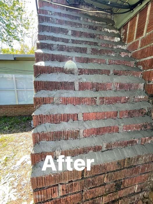 Brick stairs with fresh gray mortar, outdoors. 