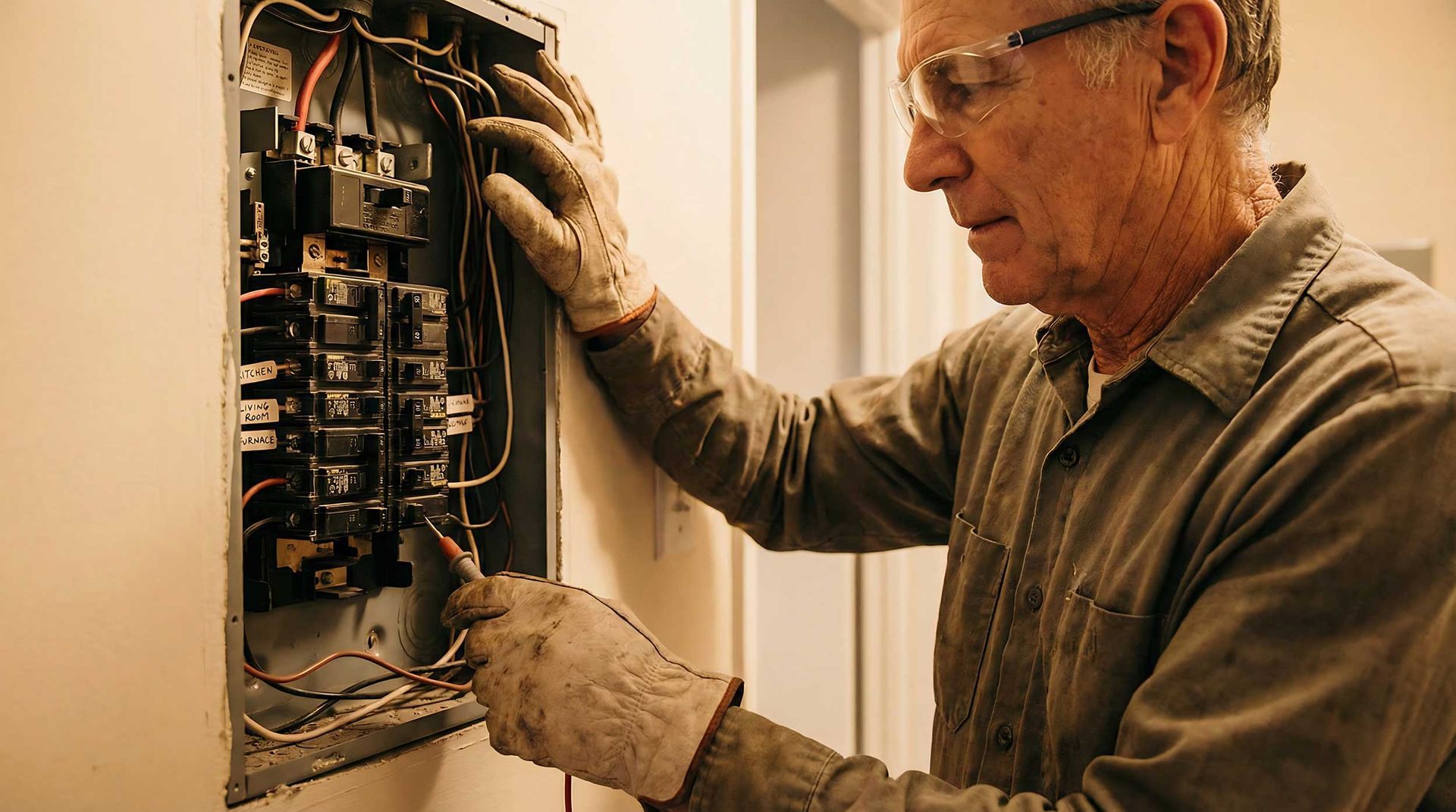 Professional technician providing electrician services to inspect and test a home circuit breaker.