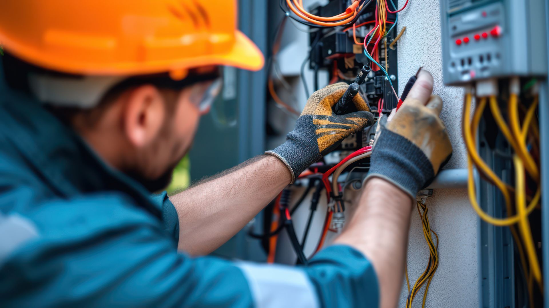 A professional electrician in a hard hat testing outdoor electrical wiring with a multimeter.