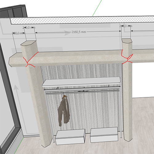 Een tekening van een kast met kleren die aan de rekken hangen