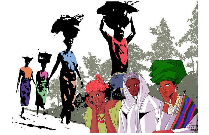 This is an image of various women - some are carrying baskets on their heads, others are sitting together.