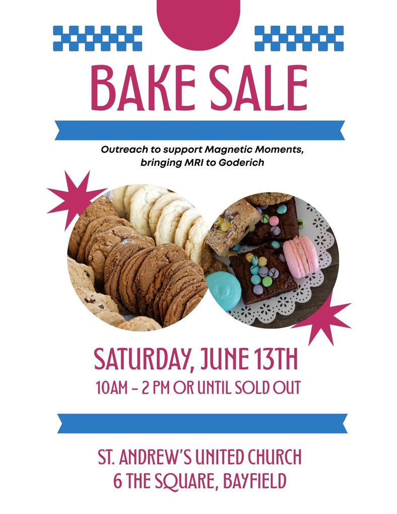 This is a poster advertising a bake sale at St. Andrew's Church on June 13 in support of the MRI fundraiser at AMGH.